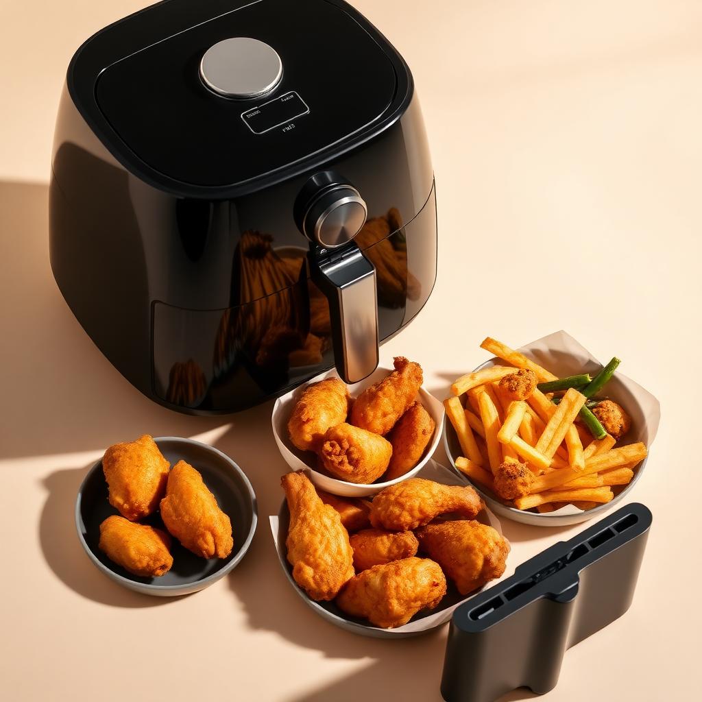 Airfryer com alitas e batatas douradas